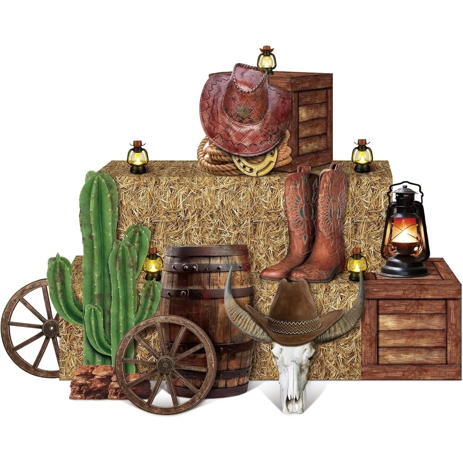16 Pcs Western Cowboy Party Decorations 6 Hay Bales Boxes Wooden Print Boxes Wagon Wheels and Western Cowboy Centerpieces Decor for Photo Booth Props Farm Cowgirl Birthday Party