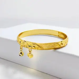 Dubai Gold Plated Bells Heart Star 8 mm Cuff Bangle Bracelet for Women Wristband Wedding Bridal Jewelry Birthday Gifts