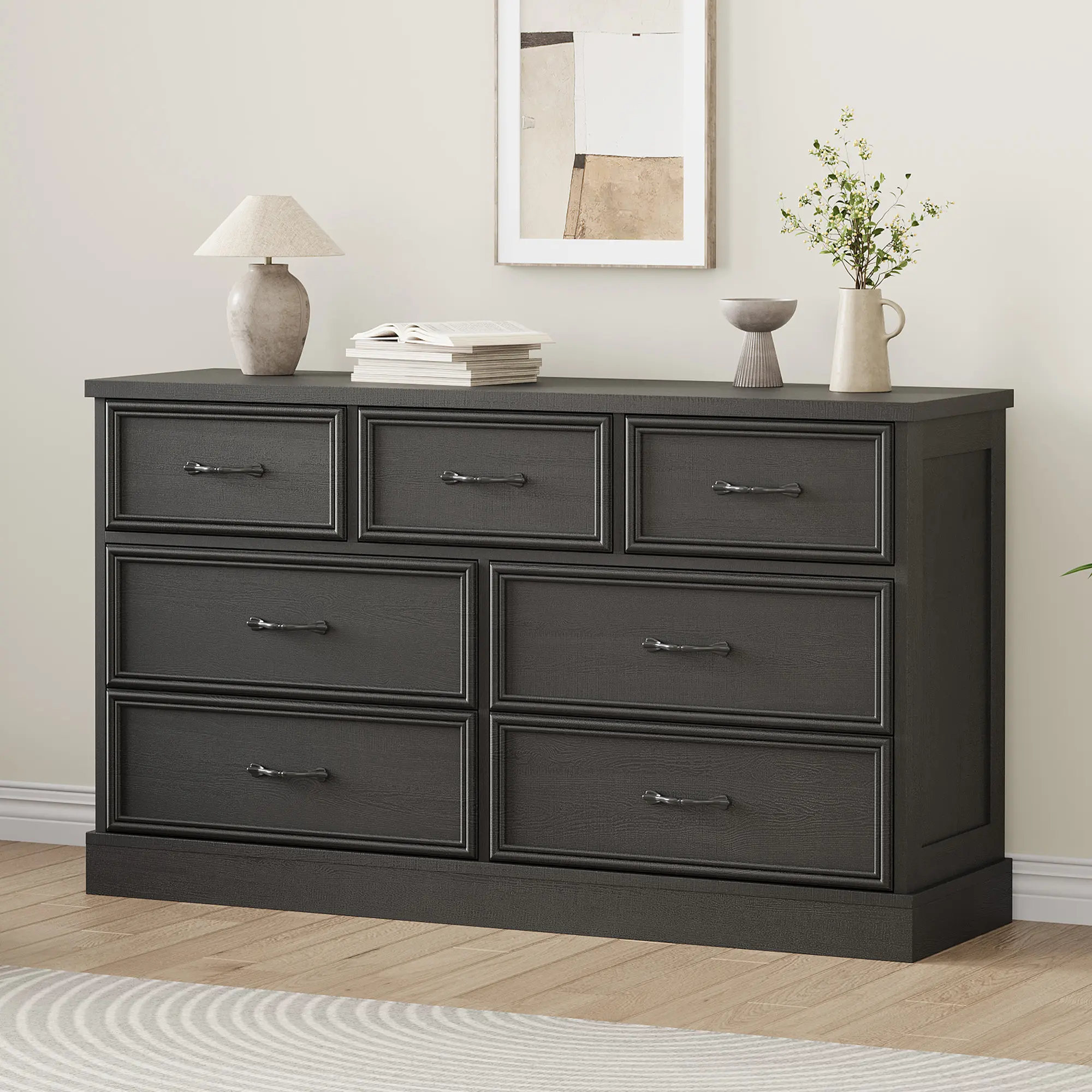 Tall Nightstand for Bedroom, White Night Stand with 7 Drawers | Large Bedside Table Farmhouse End Table With 7 Large Drawers & Metal Handles, Wide Nightstands