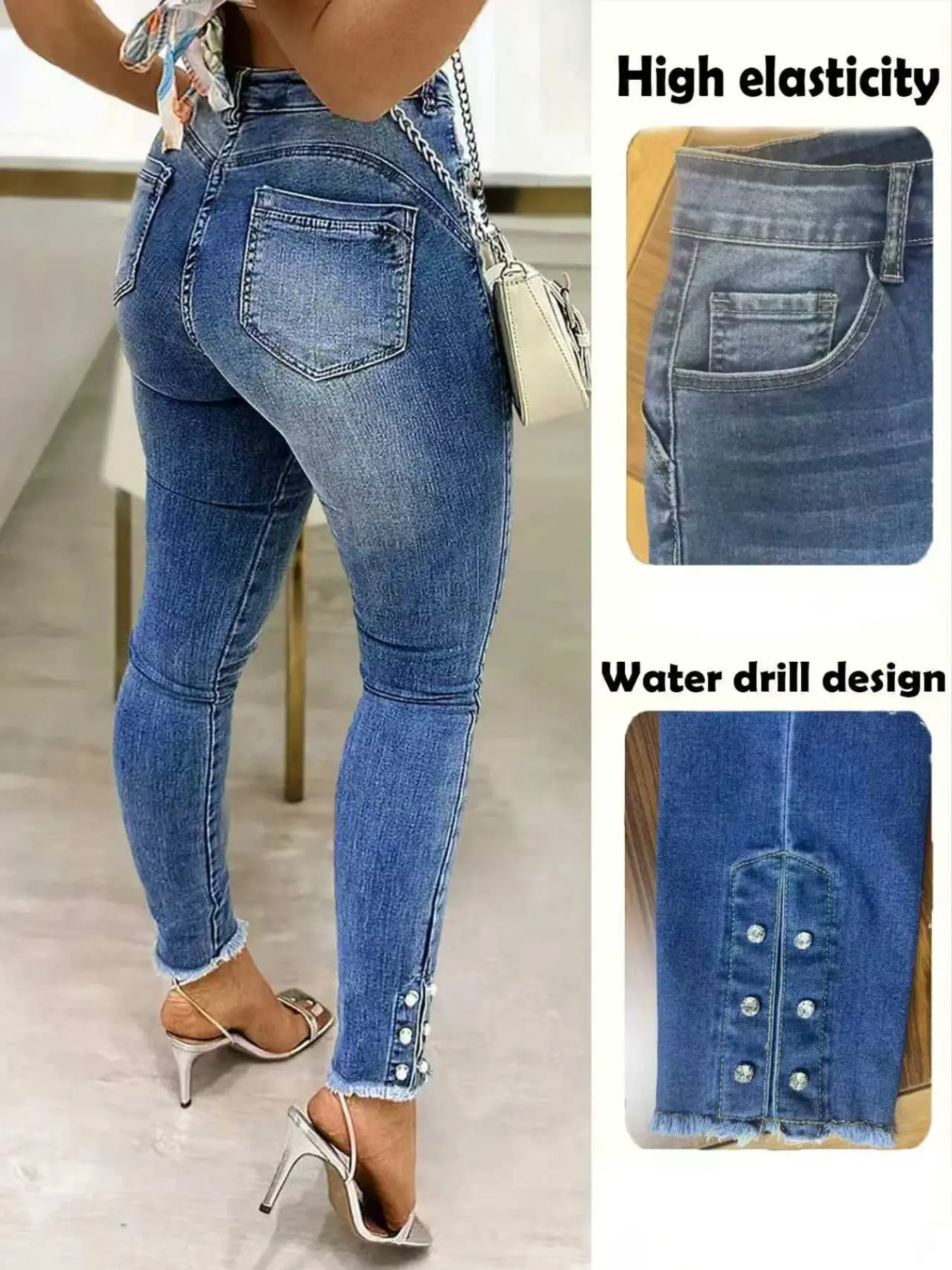 Women's High Stretch Denim Jean Long Pants with Rhinestones and Frayed Hem, Casual Style, Comfortable Fit, Perfect for Daily Wear