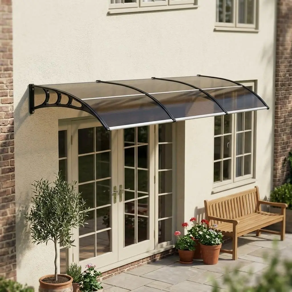 Sturdy Brown Outdoor Canopy, 100x300cm Door Awning with Polycarbonate Panel & Firm Brackets, All-Weather Protection, Great for Home Exterior Use