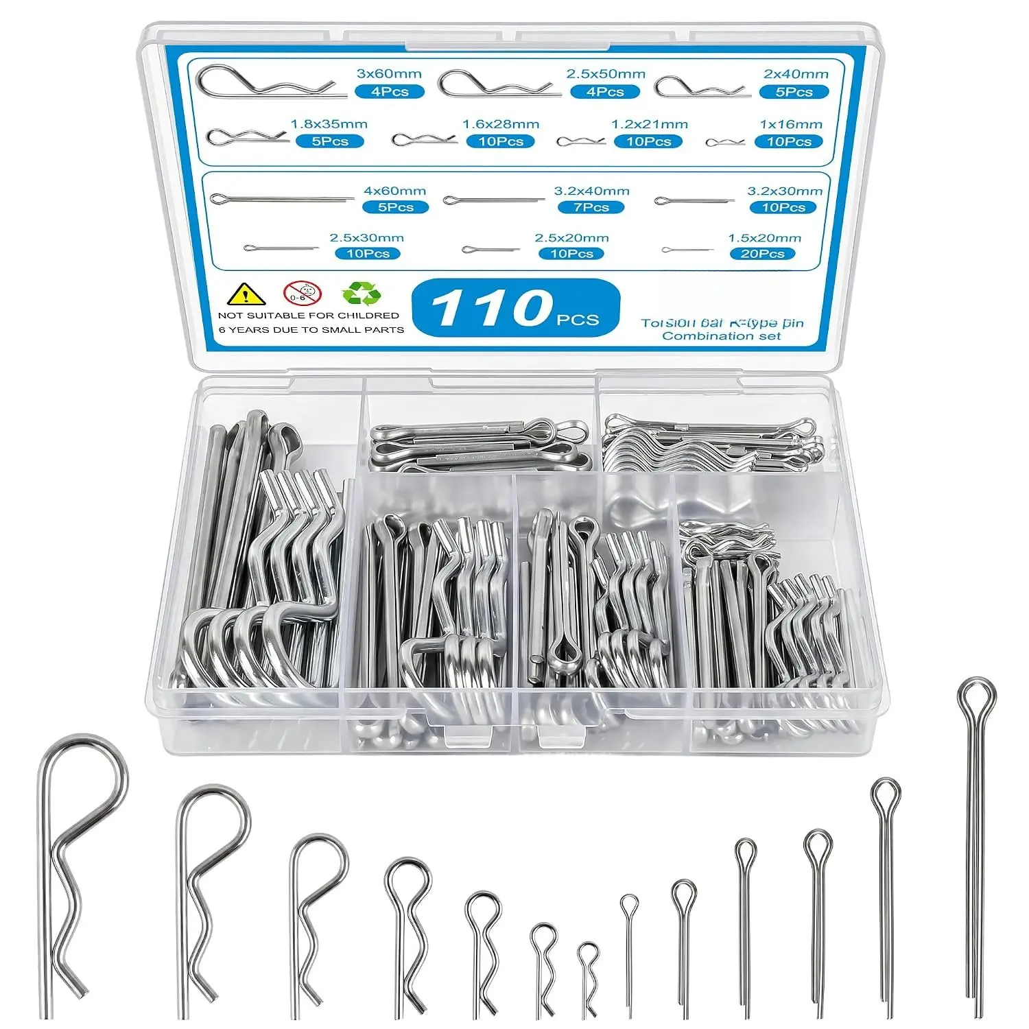 110 count Hardware Pins  Kit, Zinc Plated | R Clips & U Type Cotter Pins, 13 Sizes R-Type Hairpin Fasteners, For Hitch Pin Lock, ,