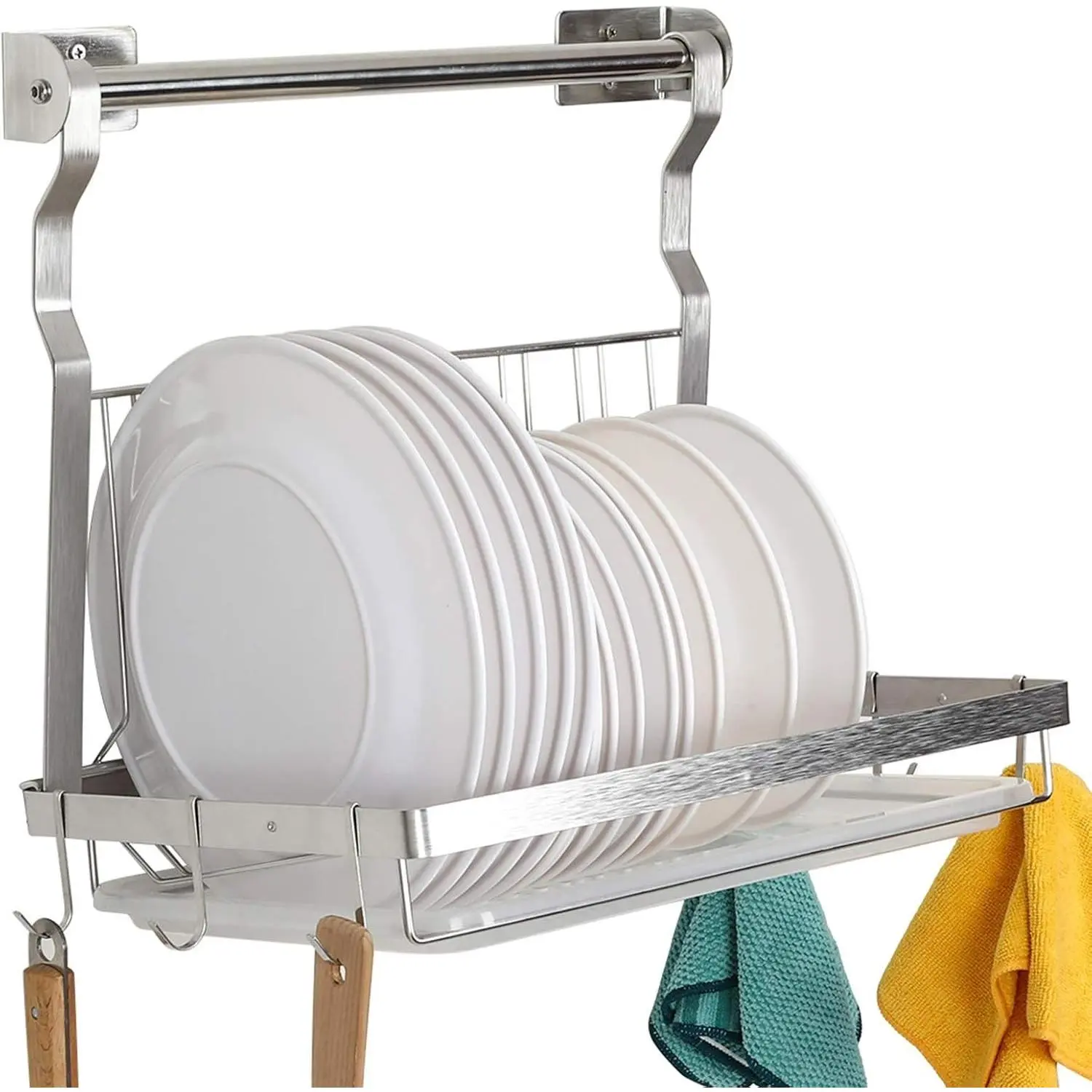 Over Sink Dish Drainer Drying Rack, Stainless Steel Foldable Wall Mounted Dish Racks with Drainboard Hanging Rod and Sponge Holder, Silver