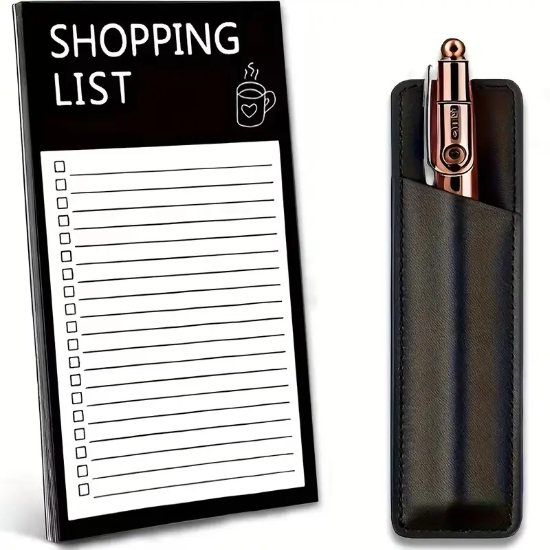 Magnetic shopping list book with high-quality leather pen slot-sturdy refrigerator storage box for shopping reminders, meal planning and chores-very suitable for busy homeowners and families.