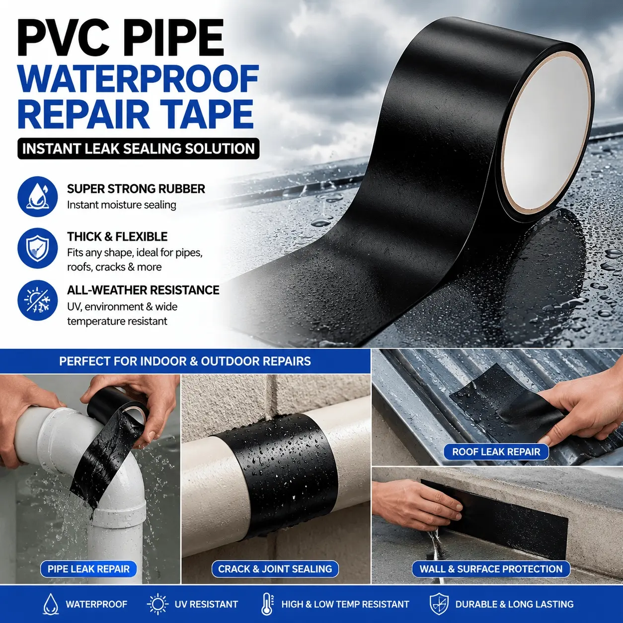 Self-Healing Waterproof Tape: Quick Leak Repair for Roofs, Pipes & More. Heavy-Duty, Long-Lasting Seal for Indoor/Outdoor Emergency Fixes. Sticks Strong, Stops Leaks Fast!