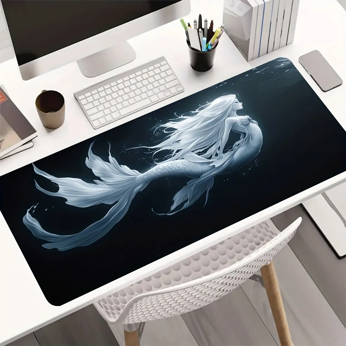Charming Mermaid Pattern Extra-Long Mouse Pad - Non-Slip, Waterproof, Washable Desk Mat with Rubber Base, Mysterious Underwater Art Design, Large Non-Slip Mouse Pad, Ideal Gift for Gamers, Extra-Long Desk Mat, Stylish Office Desk Decoration and Accessory