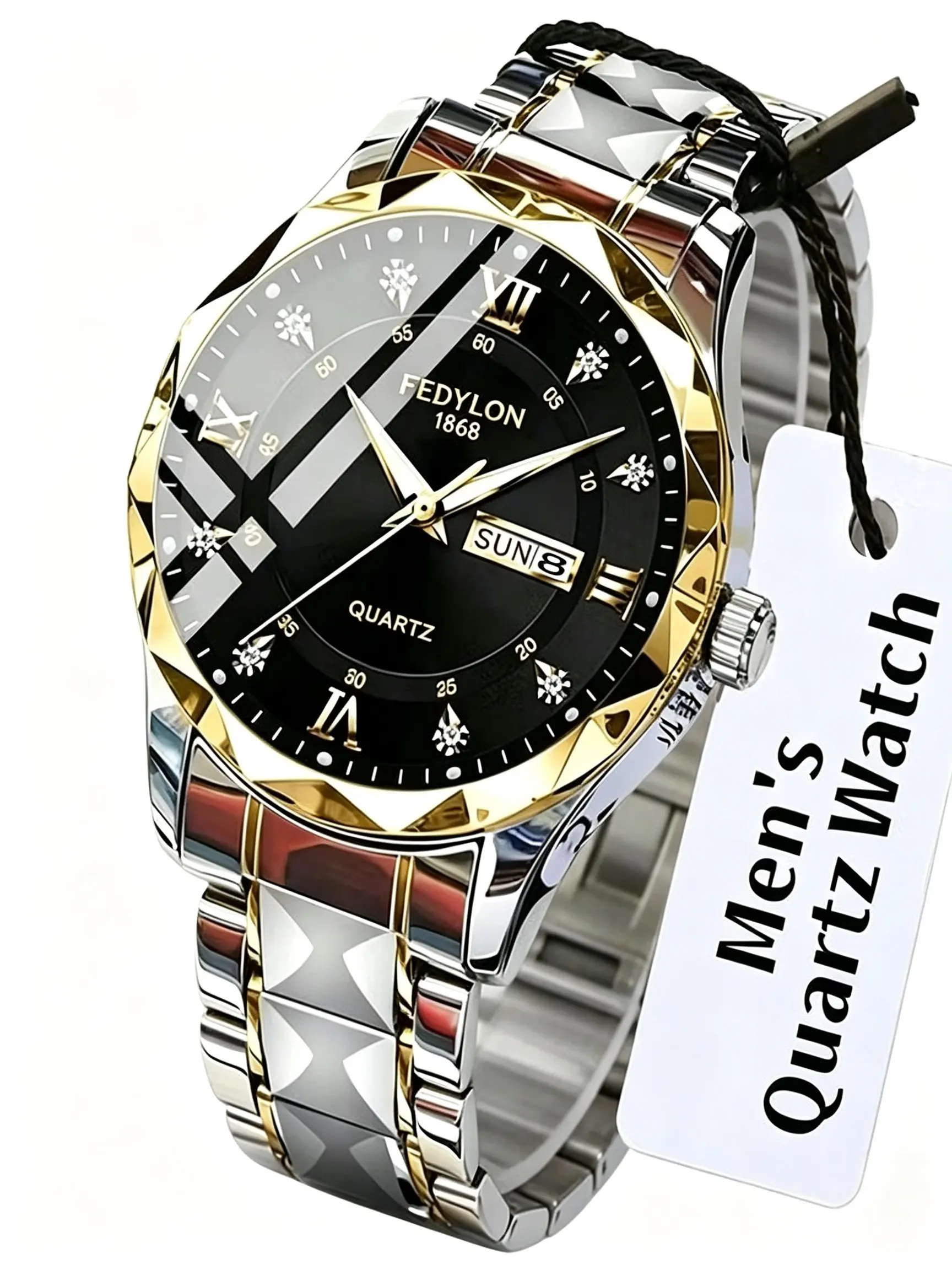 Luxury Dial Gold-Tone Men's Watch, Diamond-Studded Roman Numerals, Dual Calendar Function, Quartz Movement, Classic Round Dial, Buckle Closure