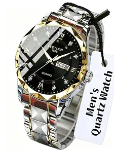 Luxury Dial Gold-Tone Men's Watch, Diamond-Studded Roman Numerals, Dual Calendar Function, Quartz Movement, Round Face, Buckle Closure