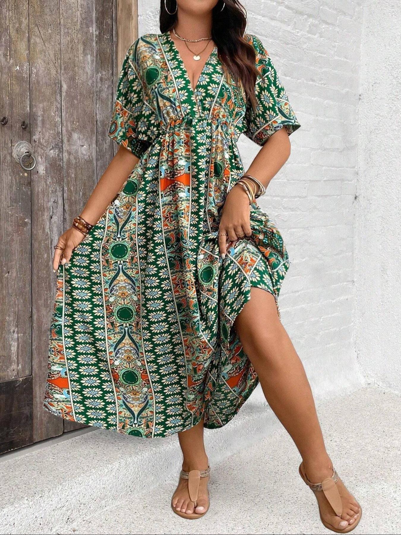 Plus Size Ethnic Pattern Ruched V Neck Dress, Bohemian Casual Floral Print Batwing Half Sleeve A-Line Dress for Summer, Women's Clothes for Beach Holiday Plus Size Ethnic Pattern Ruched V Neck Dress, Bohemian Casual Floral Print Batwing Half Sleeve A-Line Dress for Summer, Women's Clothes for Beach Holiday