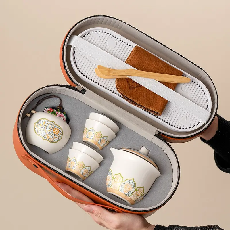 Travel Tea Set Kitchen Supplies, Ceramic Kung Fu Tea Gift for Business & Outdoor Use, Portable Gaiwan Quick Cup with One Pot and Three Cups, Gongfu Tea Set