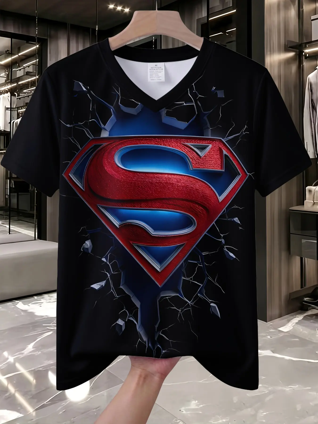 Superman V-Neck T-Shirt for Men and Women, Geometric Print, Casual Fitted Long Sleeve, Perfect for Fitness and Outdoor Activities