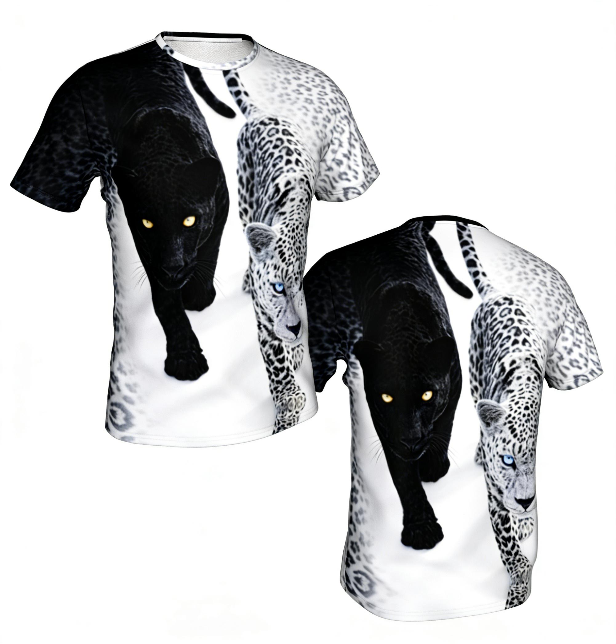 Double Leopard Attack Black and White Cheetah Summer Full-Print Short-Sleeve 3D Printed T-Shirt, Unisex, Cool and Trendy, Wild and Unique Style, Suitable for Outdoor Wear, Party Tops, Couple Pattern, Gift for Friends