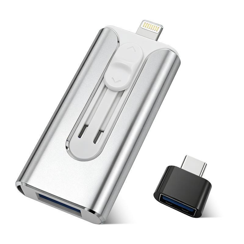 A 1TB 4-in-1 USB flash drive for iPhone, a high-speed USB storage stick that can be used to store photos and videos. It is an external storage device for iPhone/iPad/Android/PC and includes built-in drivers.