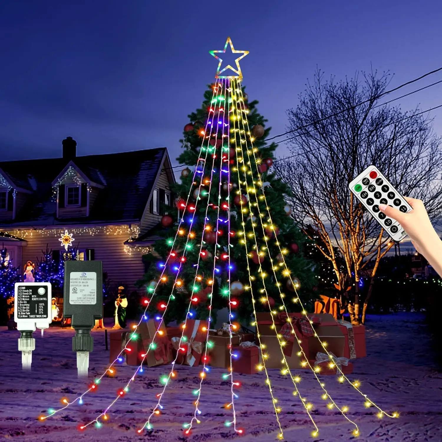 Outdoor Christmas Decoration  String Lights,320 LED 16.4ft Christmas Lights Waterfall Tree Lights with 13" Topper ,Plug-in  Fairy Lights for Xmas  Year Holiday Party