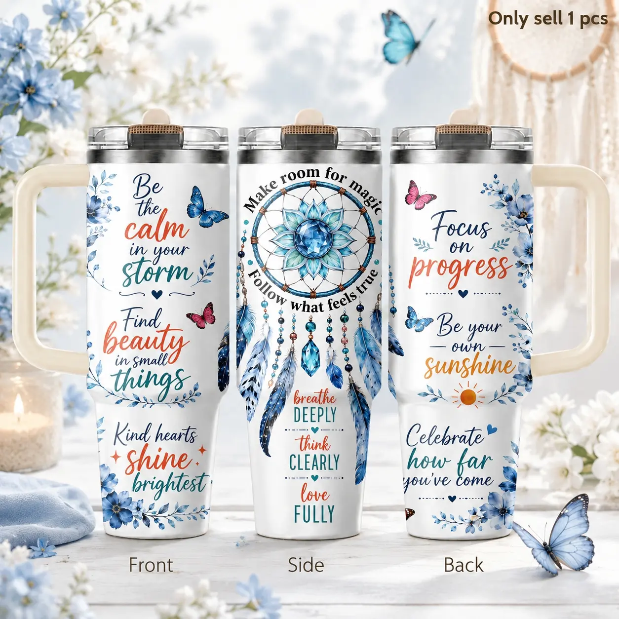 Dream Catcher Motivation 40oz Traveler Tumbler – Boho Inspirational Stainless Steel Insulated Travel Cup with Handle & Straw Lid for Coffee, Water, Office, Yoga, Self Growth, Positive Energy Gift