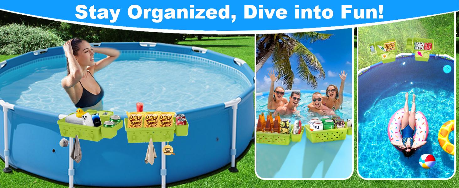 2 Sets Poolside Storage Basket for Above Ground Pool Accessories, Universal Fit Pool Storage with Cup Holders Large Capacity, Durable Pool Organizers for Towels Green