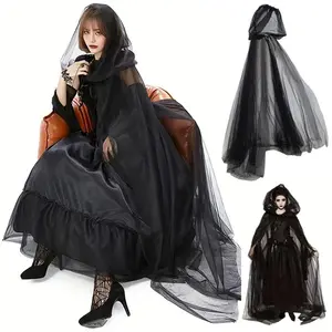 Black Hooded Tulle Cape, Gothic Witch Vampire Cloak with Veil, Halloween Cosplay Costume for Women, Spooky Reaper Style Sheer Mesh Cape, Ideal for Party, Masquerade, Gothic Themed Events & Horror Outfits