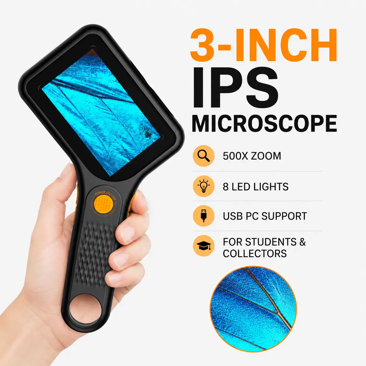 Portable Handheld Digital Microscope with 3‑Inch IPS Display, 500X Zoom 2MP Imaging, 8‑Level LED Lights, Rechargeable Battery, PC Compatible with Windows & Mac for School and Office Use