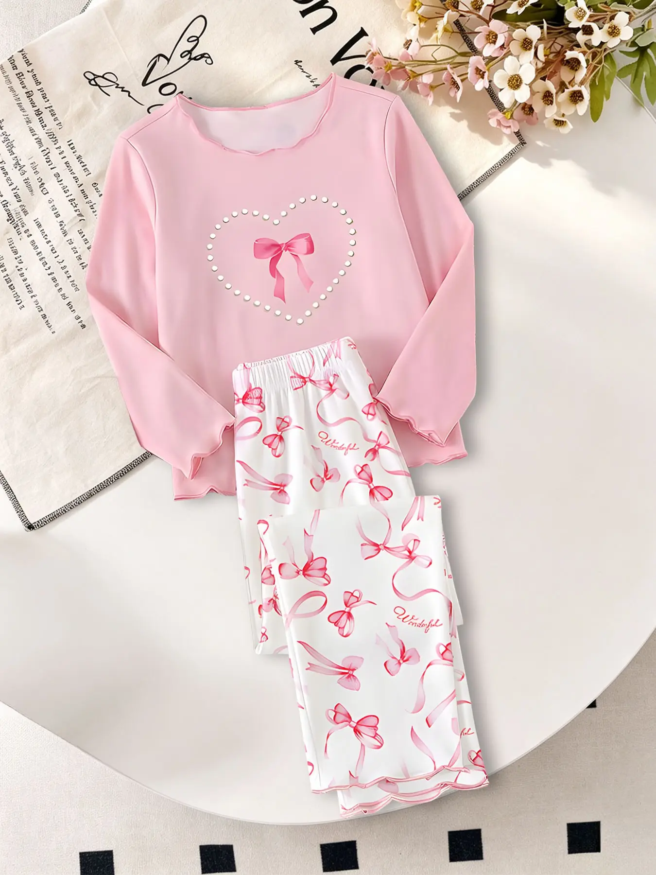 New Fall Winter Girls' Long Sleeve Set, Heart Pearl Bow Pattern, Loose-Fit High Elastic Pants, Ages 4-7, Casual Home Wear, Pajama Outfit