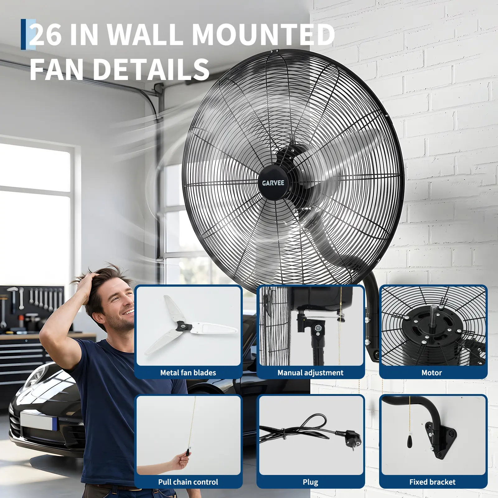 Industrial Wall Mount Fan Heavy Duty Metal 3 Speed Oscillating High Velocity Air Circulator for Garage Workshop Commercial Patio 26-30 Inch