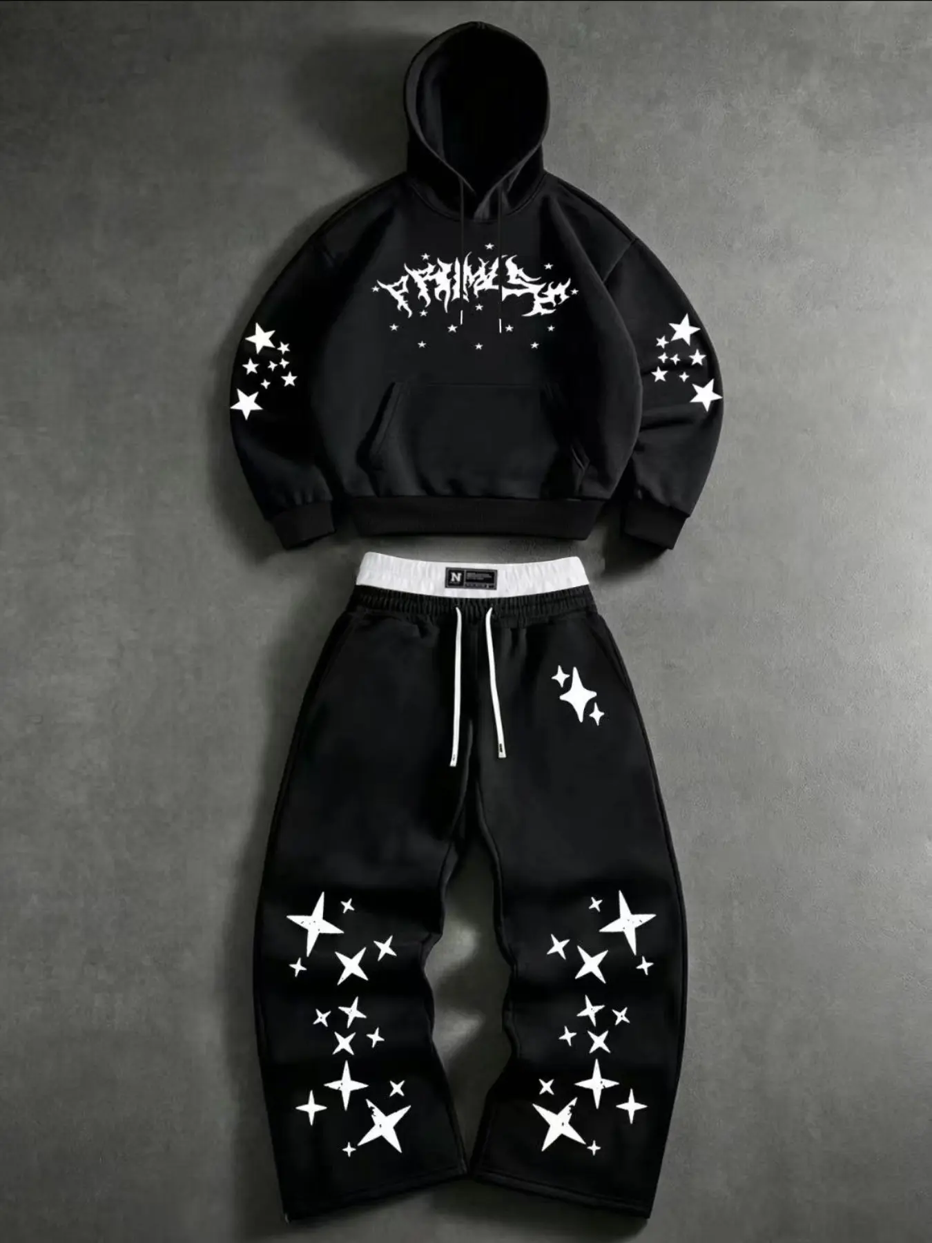 Men's Fall Winter 2-Piece Set, Relaxed Lounge Set, Letter Star Y2K Print Suit, Hooded Sweatshirt + Drawstring Loose Pants, Trendy Y2K Fashion