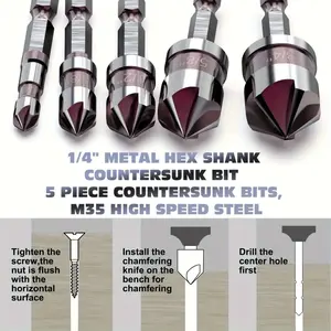 5 Piece M35 Cobalt Countersink Drill Bit Set 82 Degree 1/4 Hex Shank for Metal Wood Plastic Drilling with 1/4 3/8 1/2 3/4 5/8 Sizes