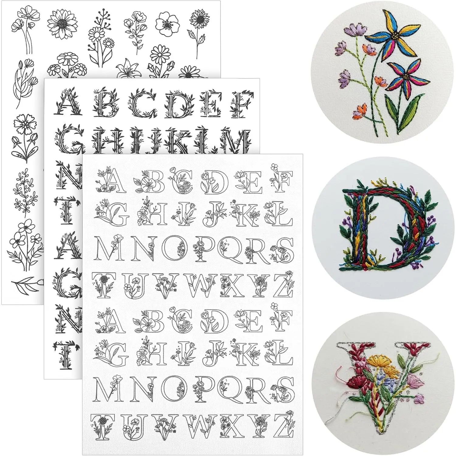 Modern 3-Sheet Water-Soluble Embroidery Transfers, 140-Count Pre-Printed Floral Alphabet Stick-On Patterns for Hand Sewing DIY Beginners (Toys & Hobbies, Needlework)