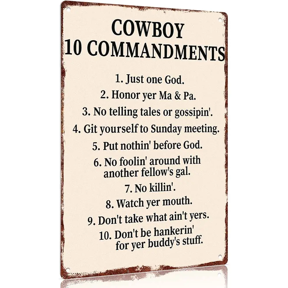 Metal Cowboy 10 Commandments Retro Wall Decor Plaque, 8x12in Lightweight Waterproof Aluminum Sign, Western Rustic Country Home Decoration for Bar Ranch Farmhouse, Indoor-Outdoor Hanging Art Gift