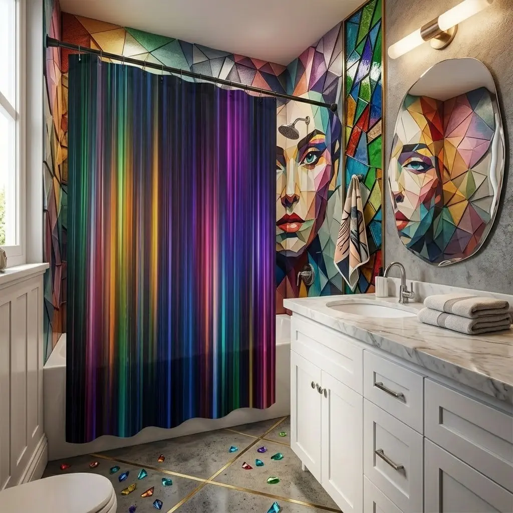 1pcs Neon Rainbow Vertical Stripe Funky Shower Curtain, Dark Background Colorful Light Streak Gradient Print, Pride Festival Modern Abstract Bath Partition For Minimalist Contemporary Bathroom Space