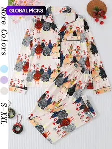 Women's Casual Chicken Print Pajama Set, Long Sleeve Button-Up Top & Comfortable Pants, All-Season Home Wear, Fitted Style