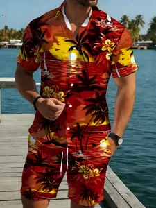 Men's Vintage Hawaiian Sunset Sailboat Palm Flower Collar Shirt and Drawstring Shorts Set, Loose Fit Two-Piece for Summer Travel