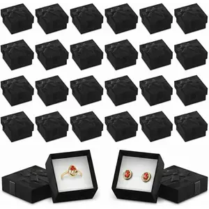 Set of 24 Black Ring Gift Box - Elegant Design Jewelry Gift Boxes, Small Earring Box for Present with Ribbon Knot and Foam Undersize, Cute Cardboard Earring Boxes Perfect for Romantic Occasions