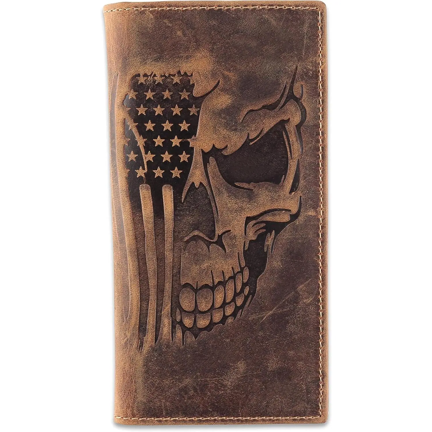 Men's RFID Blocking Vintage Genuine Leather Long Bifold Checkbook Wallet with Brown Flag Skull Design 240-103(Gift)