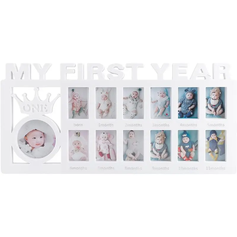 Baby First Year Photo Keepsake Picture Frame, White 16x8 In Wall-Mount Nursery Decor, Holds 13 Photos for 1-12 Months Memory (Indoor Recreation Accessory)