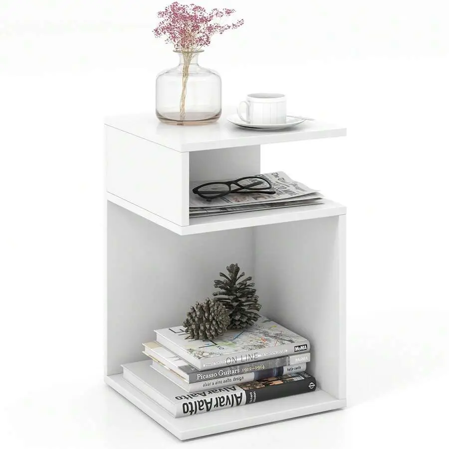 S-Shaped Side Table Small Space Morden End Table W/S-Shaped Frame White