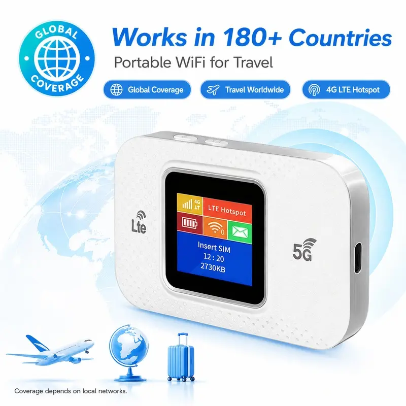 Portable WiFi Hotspot, 4G LTE Travel Router, Dual Band Mobile Internet Device with 300Mbps High Speed, 3000mAh Rechargeable Battery, Up to 100 Device Connections for International Travel and Camping