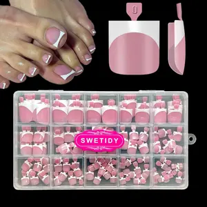 Nail Press Ons, French Tips Toe Press On Nails, 150pcs Square Pre-Designed Soft Gel Thick False Toenail Extension, Berry Pink Full Cover Acrylic for DIY 15 Sizes