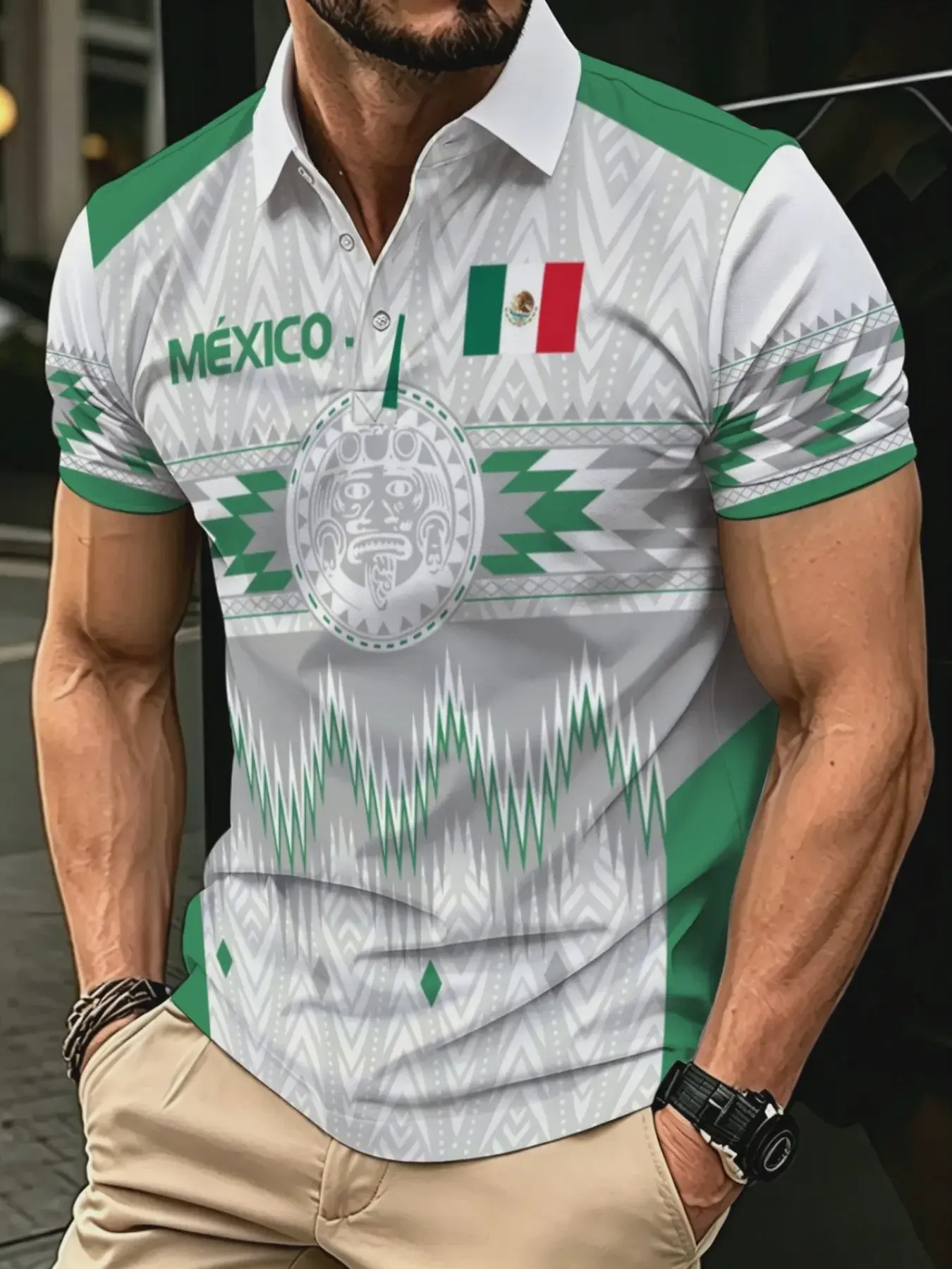 Men's Short Sleeve Polo Shirt, Mexico Element Print, Casual Lapel T-Shirt, Sporty Summer Wear, All Seasons, Slim-Fitting