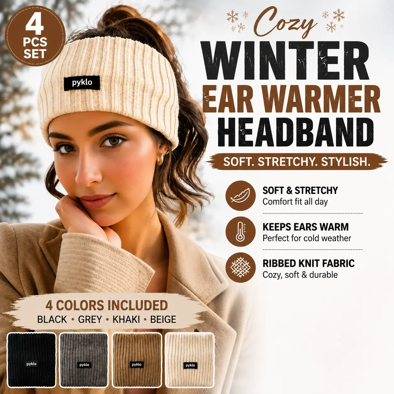4-Pack Unisex Winter Headbands Soft Stretchy Fleece Ear Warmer Hair Accessories Wide Comfortable Head Wrap for Outdoor Running Walking Daily Wear