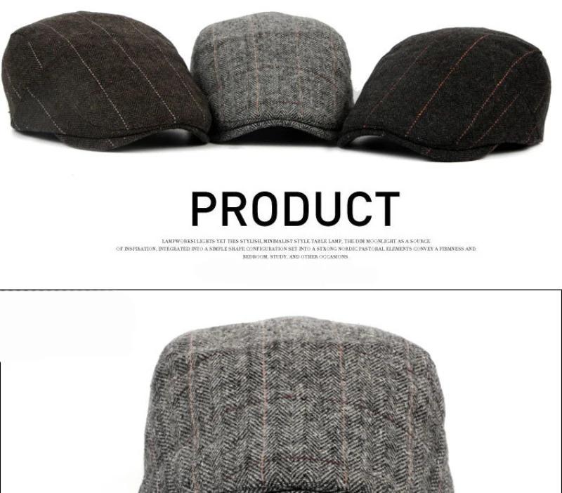 HT1329 Berets for Men Autumn Winter Men Cap Wool Beret Hat Retro Plaid Advanced Flat  Cap Classic Vintage Striped Beret Cap