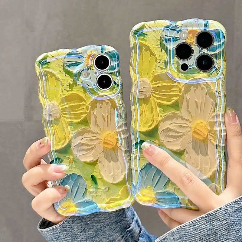 Colorful Retro Floral Oil Painting Protective Shell Cover for iPhone Series iOS Devices - Shiny Wavy Frame, 4-Corner Anti-Fall Shockproof Casing, Camera Protection, Soft Handheld Cover, Women's Wireless-Friendly Cute Phone Accessori,luxury,crystal,texture
