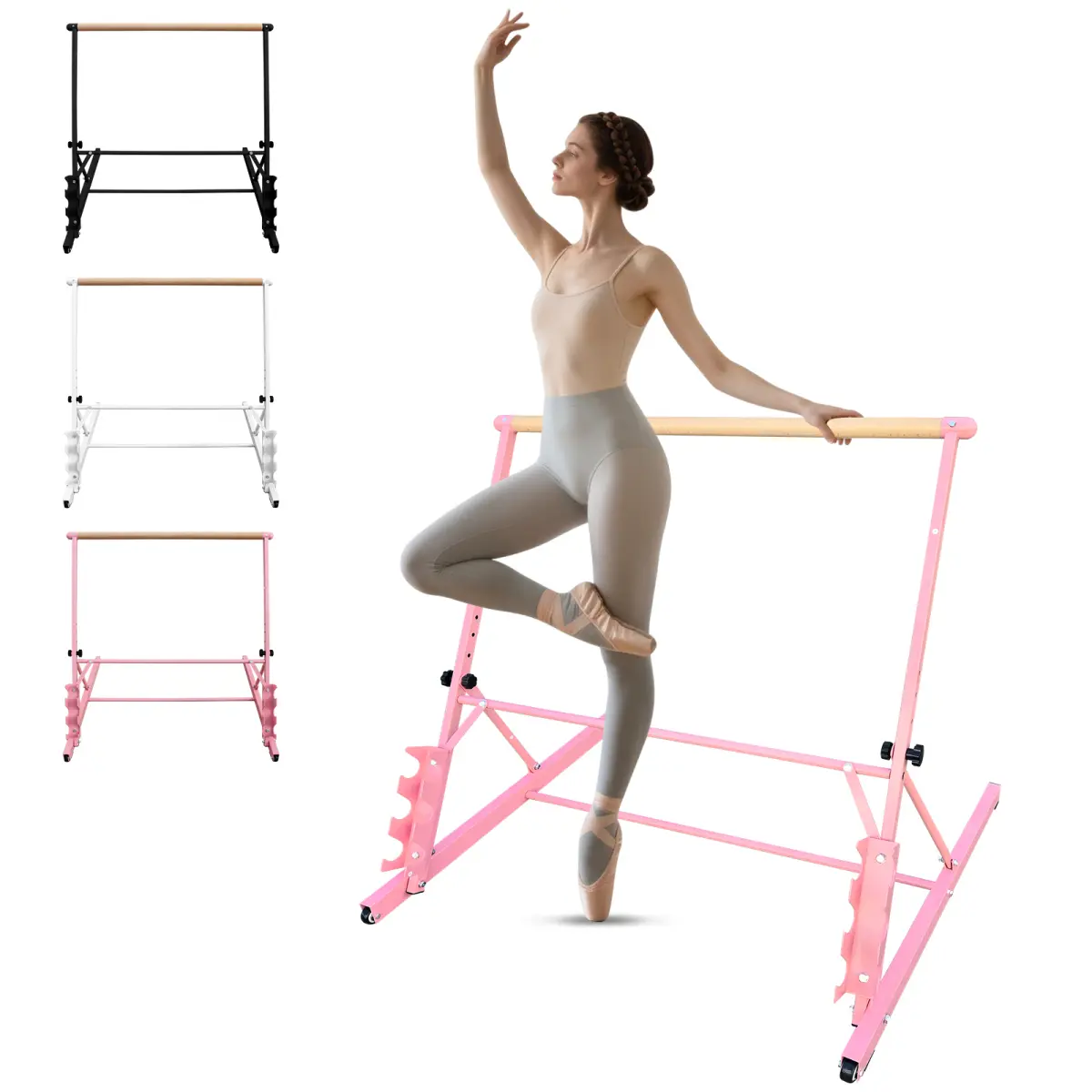 Aobtkel3.5FT Pink Solid Wood Ballet Barre With Adjustable Range Of 31.5-39.5 Inches For Dance Practice