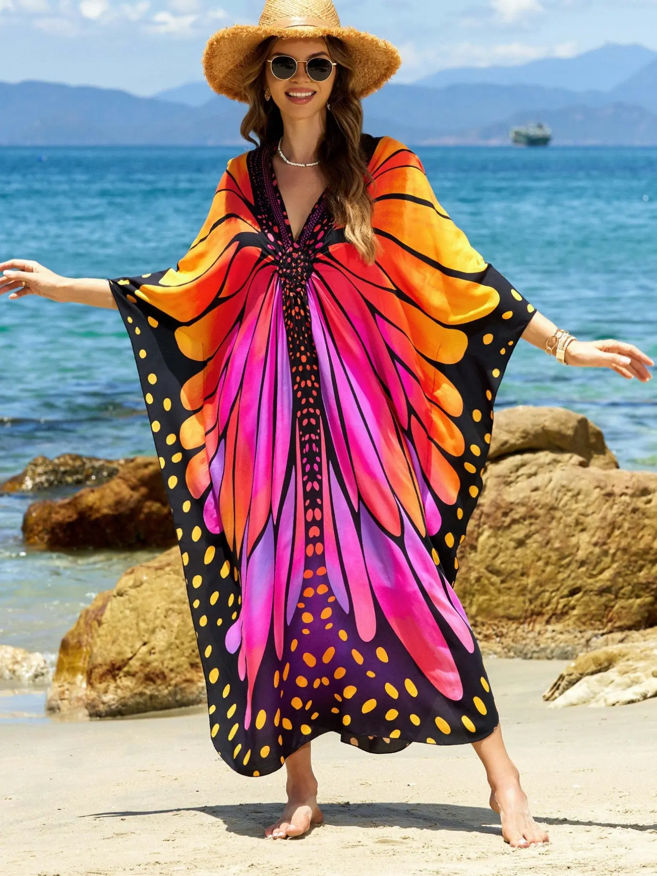 Women's Boho Kaftan Beachwear, Handmade Butterfly Printed Beach Coverups Design, All-Season Swimwear, Bohemian Cover Up