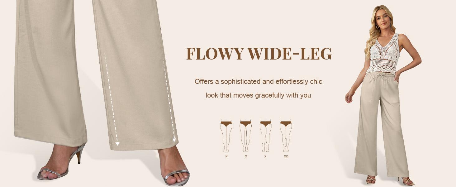 Womens Linen Wide Leg Pants, High Waisted Flowy Palazzo with Pockets Summer Drawstring Trousers Beach Travel Work
