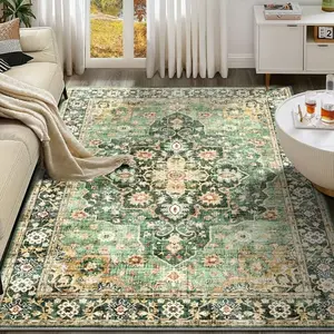 1pc Velvet Area Rug, Emerald Green & Beige Distressed Persian Medallion Non-Slip Washable Carpet for Living Room Bedroom Dining Room