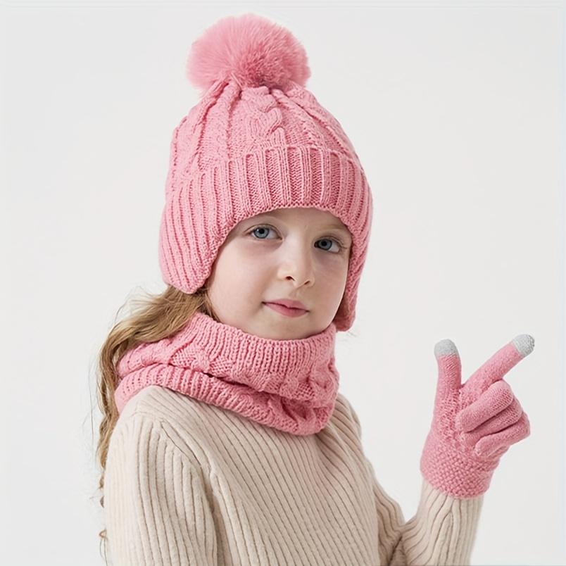 3pcs Winter Warm Hat, Gloves & Scarf Set - Soft Stretchable -like Ear Protection Outfit with Pink Bow-like Pom-Poms, Beige//Gray Color Options for Boys & Girls (Ages 3-8) - Hand Washable Cold Weather