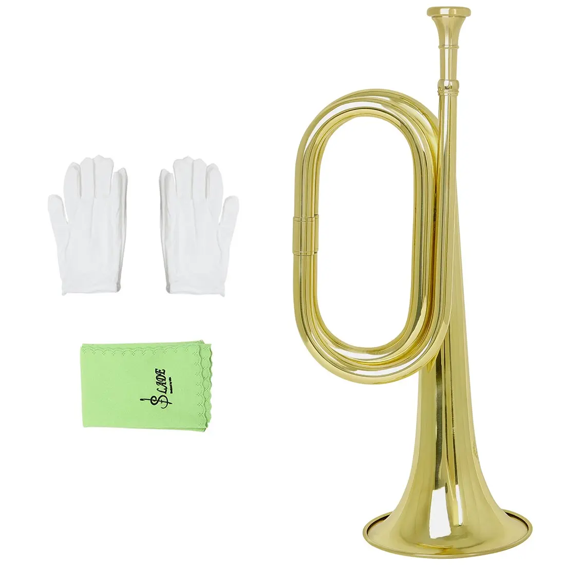 SLADE C Key Spanish Bugle Trumpet, Gold Plated Brass Military Trumpet, Bell Diameter 11cm, Height 34cm, Equipped with Mouthpiece & Gloves, Suitable for Military, Orchestra and Holiday Performances