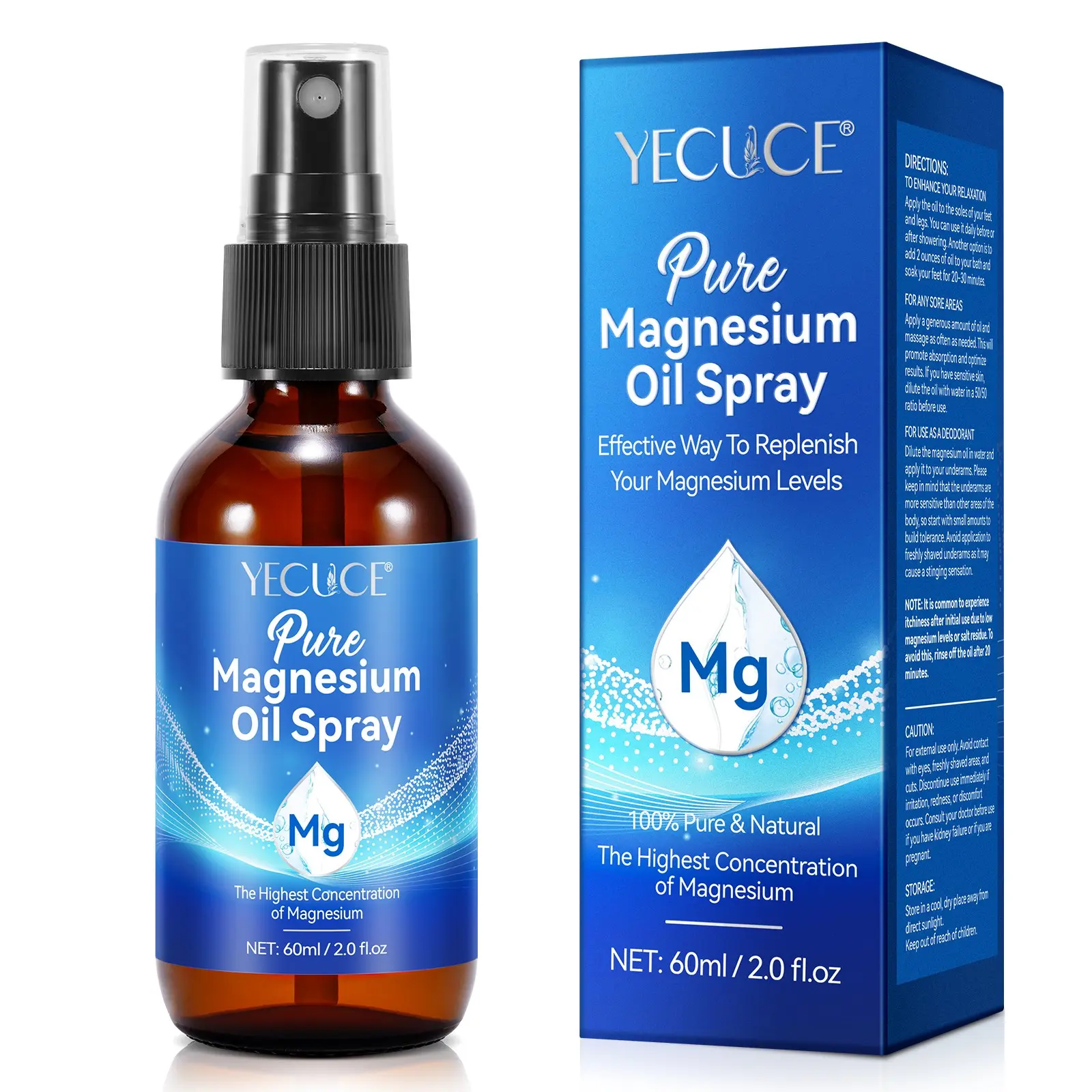 YECUCE Pure Magnesium Oil Spray 60ml, Body Oils – Soothing Oil, High-Purity Magnesium Oil Rich in Minerals. Fast-Absorbing, Non-Greasy Formula. Daily Body Care Spray That Helps Soothe Skin Tightness and Discomfort. Perfect for Post-Workout