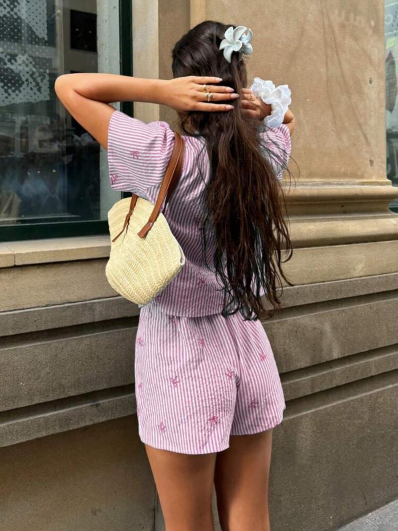 Two-Piece Set Women's Striped Print Tie Front Shirt & Shorts, Casual Short Sleeve Top & Shorts for Daily Wear, Ladies Two-piece Set for All Seasons, Clothes