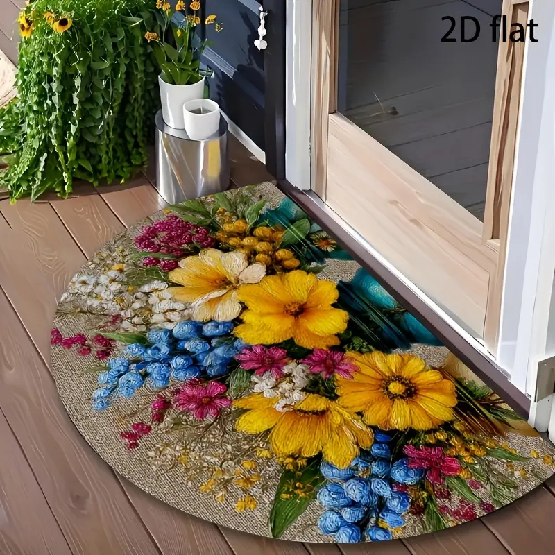 1Pc semi-circular doormat with bright wildflower design, perfect for entrance, corridor, garden or kitchen, polyester material, garden entrance mat | bright door mat, front door mat, outdoor door mat, home decoration carpet